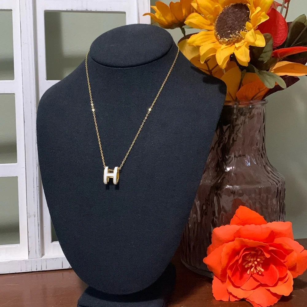 Mini Pop "H" Necklace Gold Tone 925 Stamped Chain w/ S925 White Enamel H Pendant - Picture 1 of 8